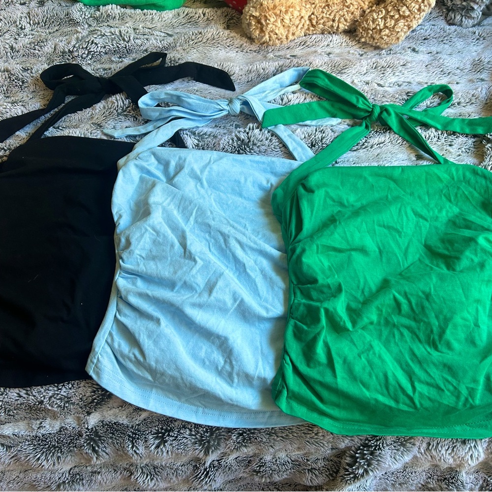 SHEIN: Solid Rushed Halter Top (x3) Black Green Blue